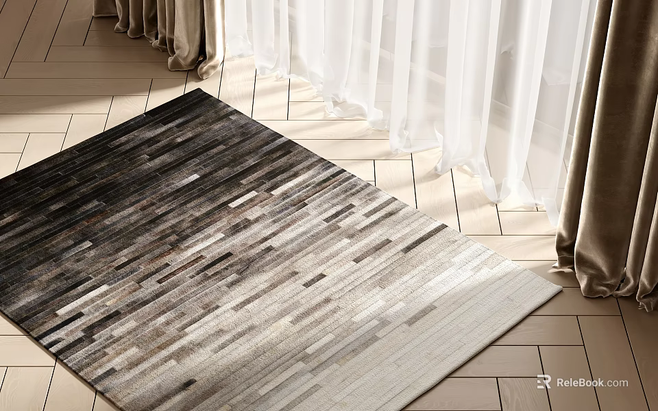 Square Carpet With Striped Pattern Gradient Colors On Wooden Floor Light Through Curtains Shadow Effect 3d model