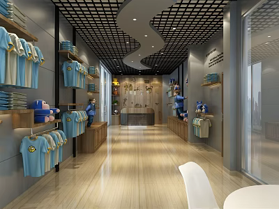 Modern Clothing Store Interior With Blue Clothes On Shelves Wooden Floor And Counter 3d model
