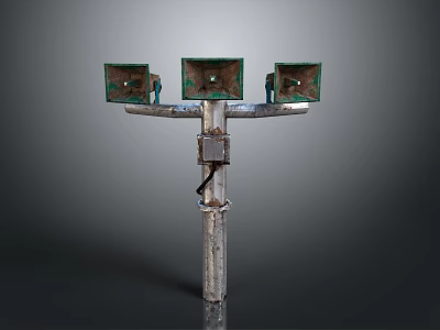 Vintage Industrial Floor Standing Lighting Combination With Three Green Horn Shaped Lamps On Metal Pole 3d model