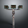 Vintage Industrial Floor Standing Lighting Combination With Three Green Horn Shaped Lamps On Metal Pole