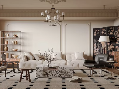 Elegant Living Room Interior With Sofa Marble Coffee Table Chandelier 3d model