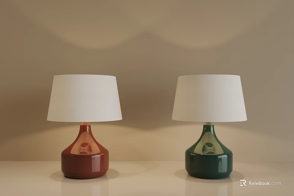 Terracotta and Green Ceramic Table Lamps with White Fabric Shades on Beige Table 3d model 