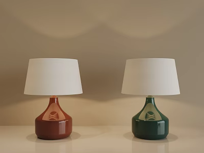 Terracotta and Green Ceramic Table Lamps with White Fabric Shades on Beige Table 3d model