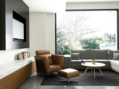 Modern Living Room With Gray Sofa Brown Armchair And Small Coffee Table 3d model
