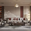 Traditional Chinese Living Room Interior With Sofa Coffee Table Chandelier And Decorative Wall
