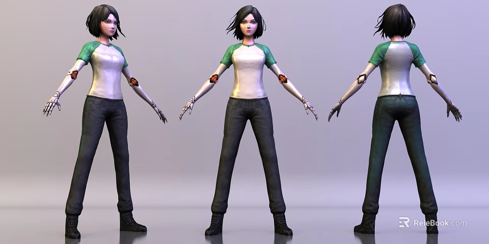3D Game Character Model with Black Short Hair Green White Top Dark Pants Black Boots 3d model 