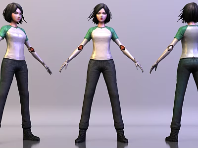 3D Game Character Model with Black Short Hair Green White Top Dark Pants Black Boots 3d model