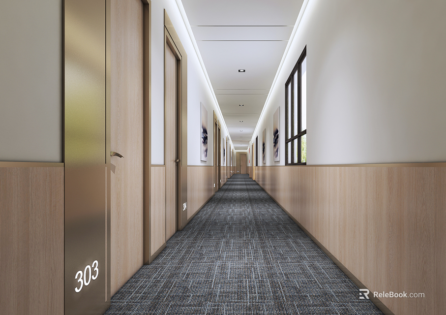 Modern Hotel Corridor With Wooden Walls Gray Carpet Room 303 Windows At The End 3d model 