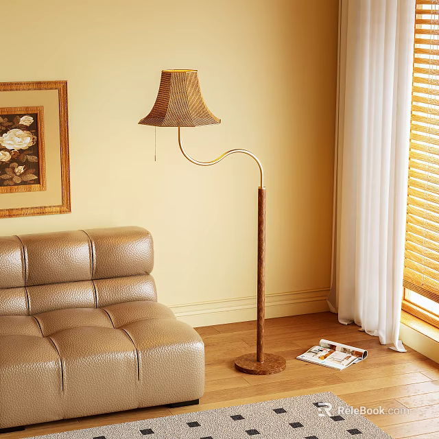 Modern Floor Lamp With Curved Wooden Pole And Brown Shade In Beige Living Room 3d model 