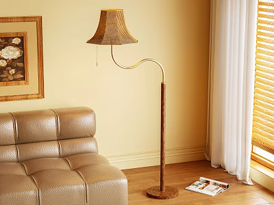 Modern Floor Lamp With Curved Wooden Pole And Brown Shade In Beige Living Room 3d model