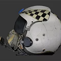 White Aviator Helmet With Blue And White Checkered Pattern Face Mask And Metallic Parts