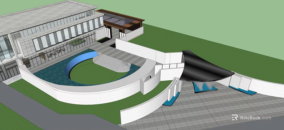 Modern Sales Office Building With Glass Curtain Wall Circular Water Feature And Green Lawn 3d model 