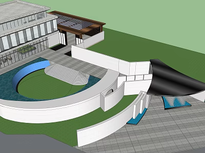 Modern Sales Office Building With Glass Curtain Wall Circular Water Feature And Green Lawn 3d model