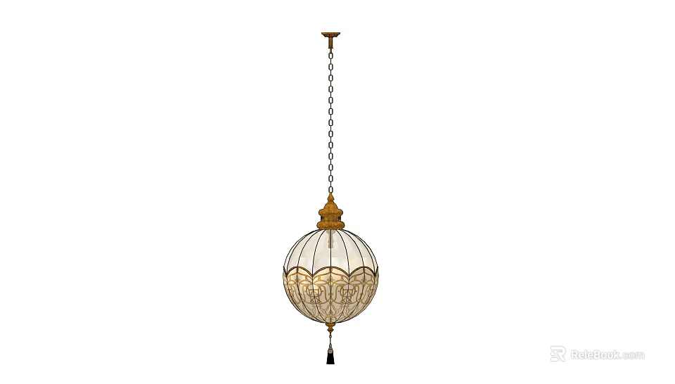 Elegant Spherical Glass Chandelier With Golden Accents And Chain Tassel Design 3d model 