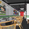 Modern Restaurant With Refrigerated Display Cases Neon Signs Hexagonal Floor Tiles And Dining Tables