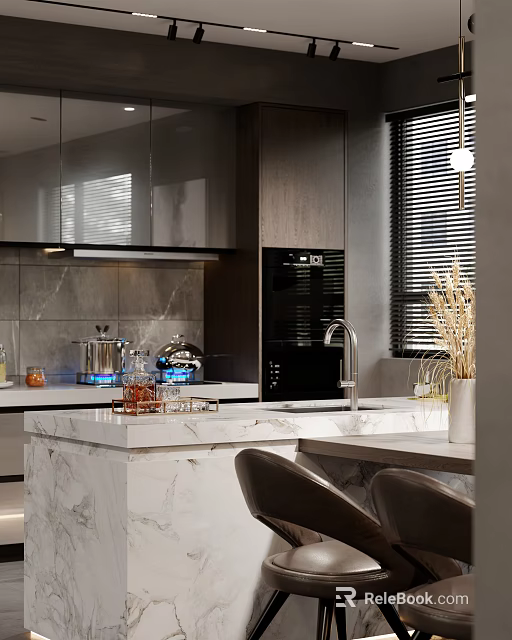 Modern Dining Kitchen Interior With Marble Countertop Island Dark Cabinets Chairs And Dried Flowers Vase 3d model 