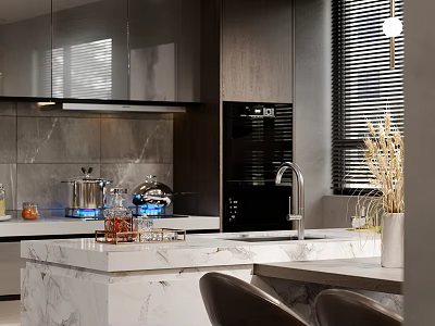 Modern Dining Kitchen Interior With Marble Countertop Island Dark Cabinets Chairs And Dried Flowers Vase 3d model