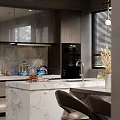 Modern Dining Kitchen Interior With Marble Countertop Island Dark Cabinets Chairs And Dried Flowers Vase