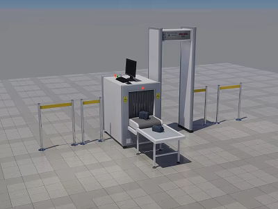 Security Checkpoint Equipment With Gate Scanner Computer Table And Barriers 3d model