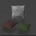 White Black Floral Pattern Pillow Brown Green Solid Pillows Arranged on Gray Surface 3d model