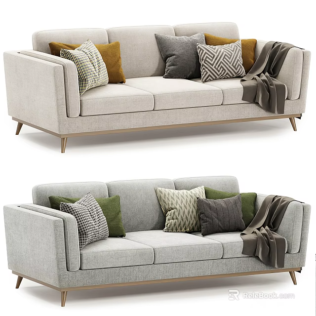 Gray Multi Seater Sofa With Colorful Patterned Pillows Cozy Throw And Wooden Legs 3d model 