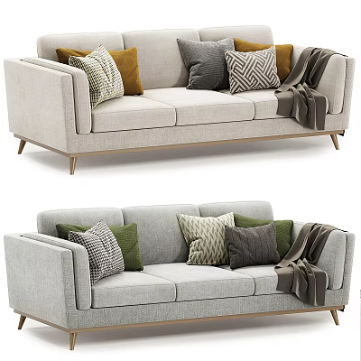 Gray Multi Seater Sofa With Colorful Patterned Pillows Cozy Throw And Wooden Legs 3d model