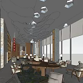 Modern Restaurant Interior With Wooden Structures Hanging Lights Dining Tables Chairs And Buffet Counter