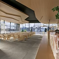 Modern Tea House Interior Design With Wooden Furniture Tables Chairs And Green Plants
