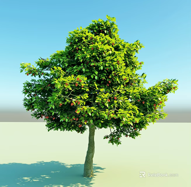 Lush Green Leafy Tree With Red Fruits Against Clear Blue Sky Background 3d model 