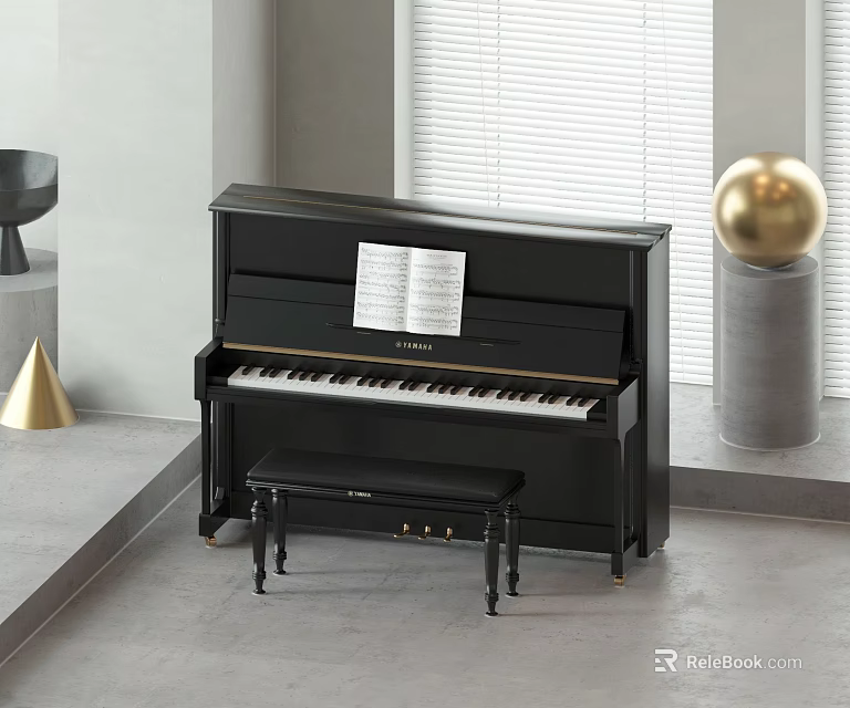 Modern Black Upright Piano Interior With Music Sheet Bench And Decorative Elements 3d model 