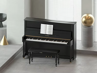 Modern Black Upright Piano Interior With Music Sheet Bench And Decorative Elements 3d model