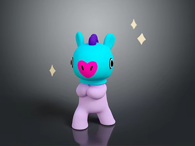 Cute Fantasy Creature With Blue Head Purple Horn Pink Heart Nose Crossed Hands Golden Stars 3d model
