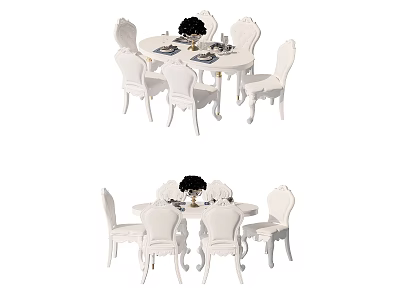 Elegant White Carved Dining Table Set With Six Chairs Vase And Tableware 3d model