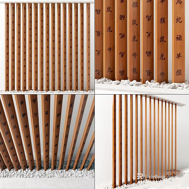 Traditional Wooden Vertical Slats With Carved Chinese Characters And Decorative Stones 3d model 