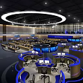 Modern Monitoring Control Room With Multiple Large Monitor Screens And Control Consoles Layout
