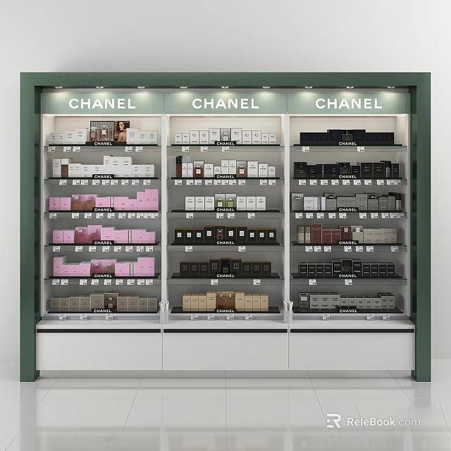 Elegant CHANEL Display Shelves with Multiple Layers and Organized Product Rows 3d model 