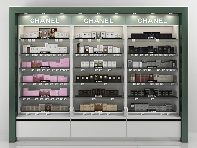 Elegant CHANEL Display Shelves with Multiple Layers and Organized Product Rows 3d model