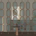 Elegant Oval Glass Panel Room Divider with Brass Frame in Modern Interior Space 3d model