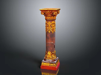 Classical Decorative Column With Gold Carvings Dark Brown Body And Red Base 3d model