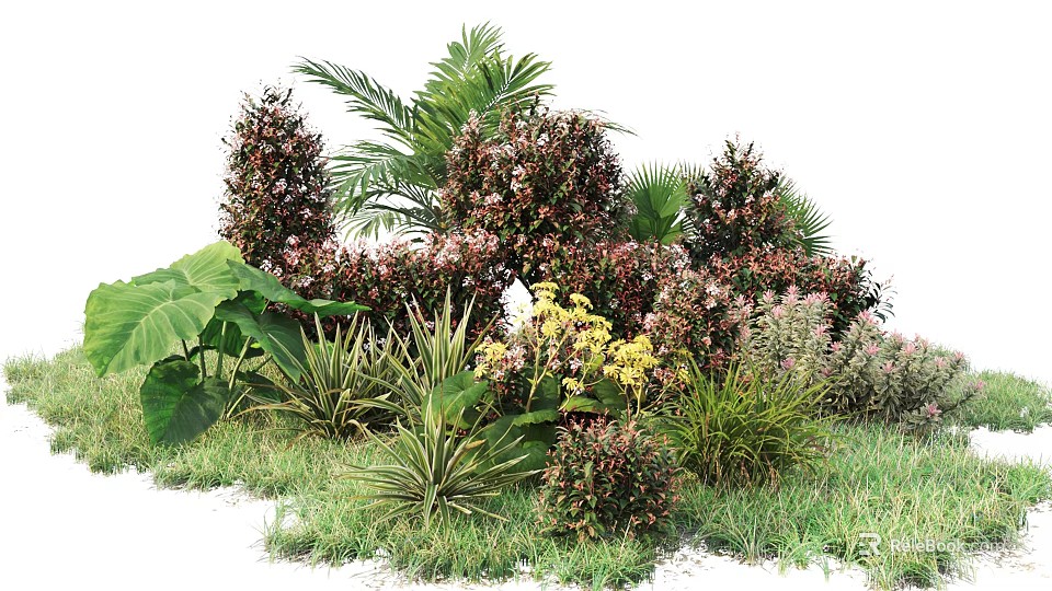 Decorative Bush Garden with Palm Leaves Yellow Flowers and Green Grass 3d model 