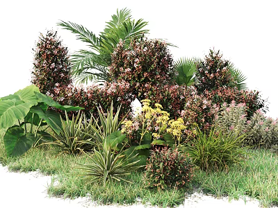 Decorative Bush Garden with Palm Leaves Yellow Flowers and Green Grass 3d model