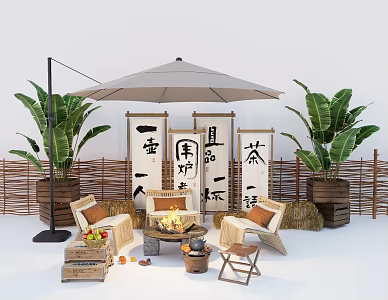 Outdoor Camping Fence Stove Tea Making Fence Net Red Hanging Cloth Flag Atmosphere Flag Stove 3d model