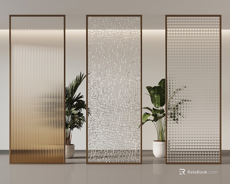 Modern Glass Partitions With Metal Frames And Decorative Plants In Interior Design 3d model 