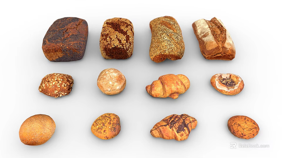 Various Freshly Baked Bread Types Including Loaves Rolls and Croissants 3d model 