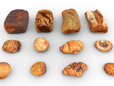Various Freshly Baked Bread Types Including Loaves Rolls and Croissants 3d model