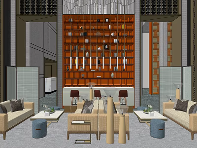 Modern Hotel Public Lounge Area With Beige Sofas Wooden Decorative Wall And Pendant Lights 3d model