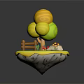 Cartoon Scene Of Floating Island With Colorful Tree Grass Wooden Fence Flowers And Stone