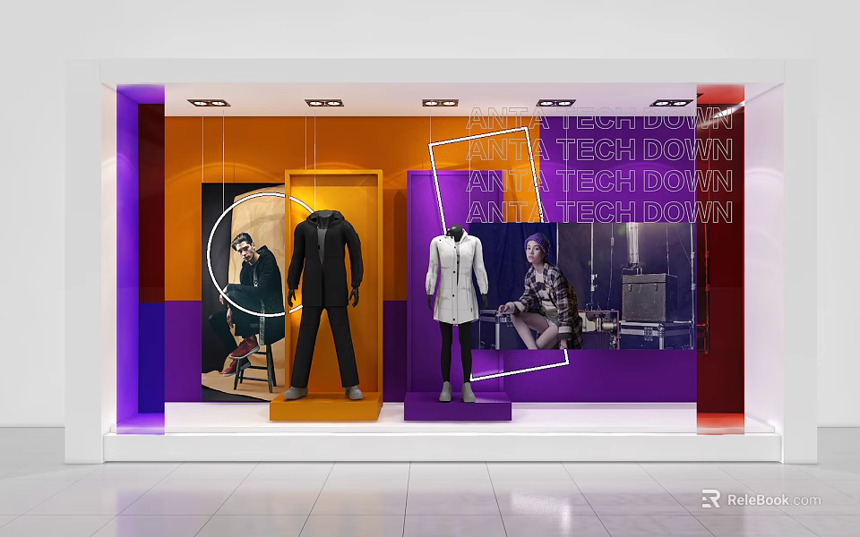 Fashion Retail Window Display With Mannequins On Orange Platform Purple Red Backgrounds Tech Down Text 3d model 