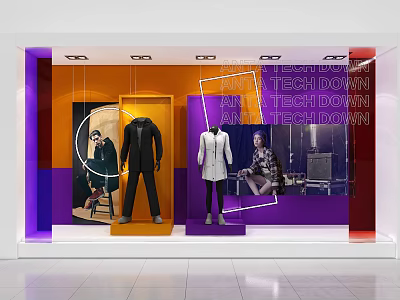 Fashion Retail Window Display With Mannequins On Orange Platform Purple Red Backgrounds Tech Down Text 3d model