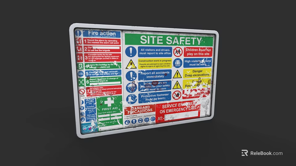 Hospital Building Site Safety Sign With Fire Action And First Aid Information 3d model 